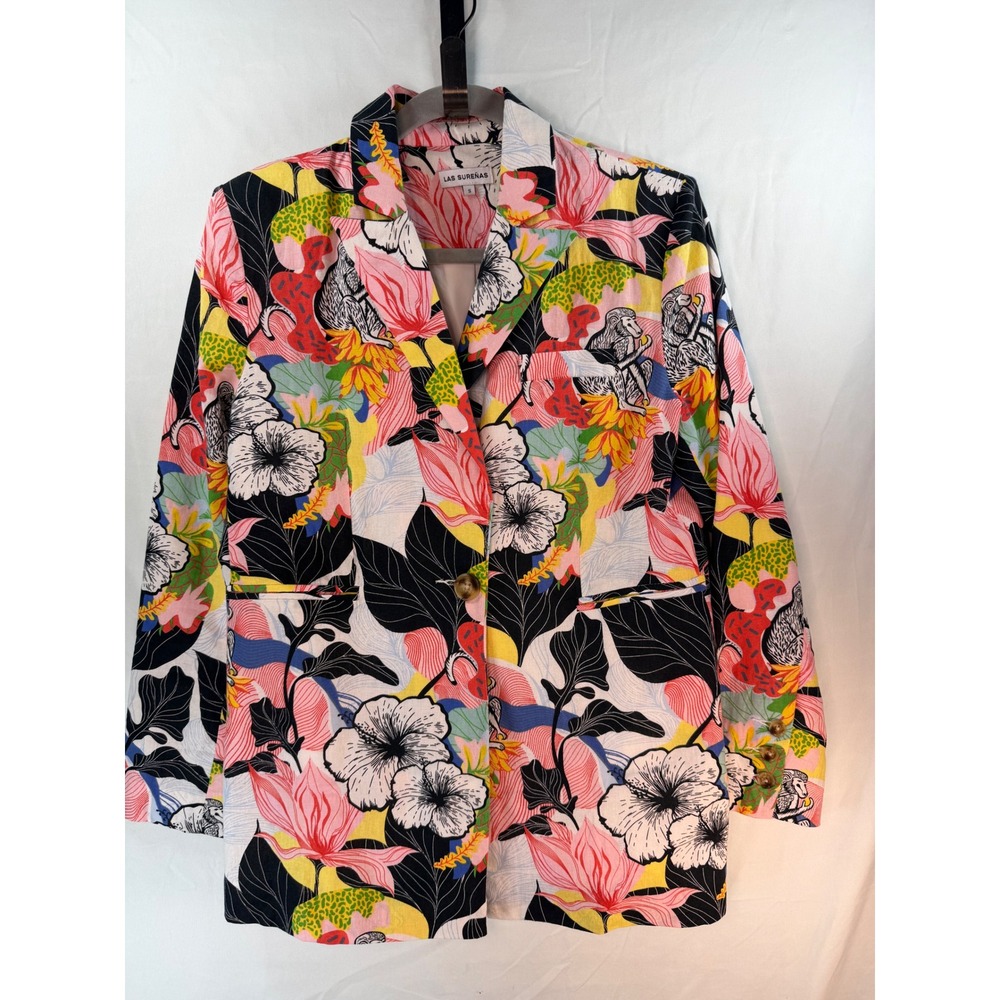 Las Sureñas Tropical Monkey Hibiscus Floral Linen Blend Blazer Multicolored S